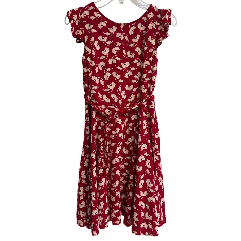Polo Ralph Lauren Girls Red Floral Dress Belted Flutter Sleeve Size 10 EUC